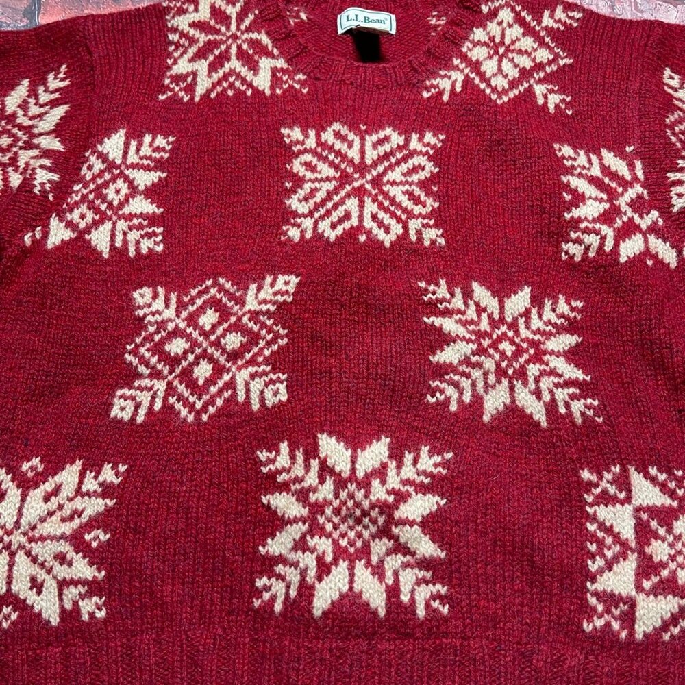 Vtg LL Bean Sweater Womens L Red Holiday Wool Ski Snowflake Fair Isle Cottage - Picture 2 of 5